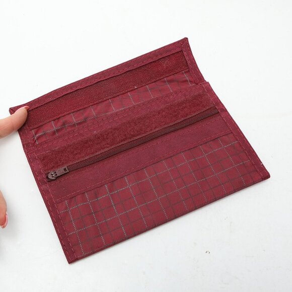 Vintage Plaid Nylon Wallet Red Burgundy Checks Zipper Velcro Closure - Picture 6 of 8